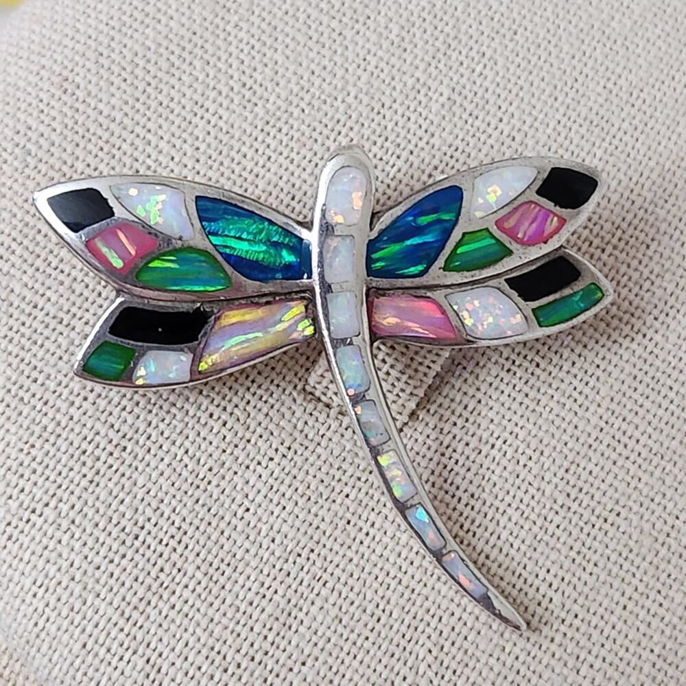 Vintage Sterling Silver Colorful DRAGONFLY Pendant Brooch with 18" Chain - Picture 2 of 10